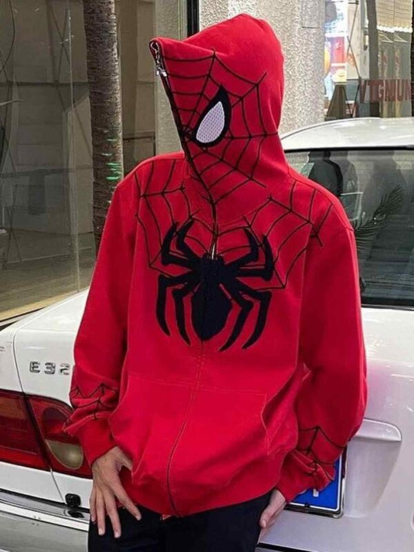 Spiderman Full Mask Hoodie – 320 GSM  Double Cap  Zip-Up Mask