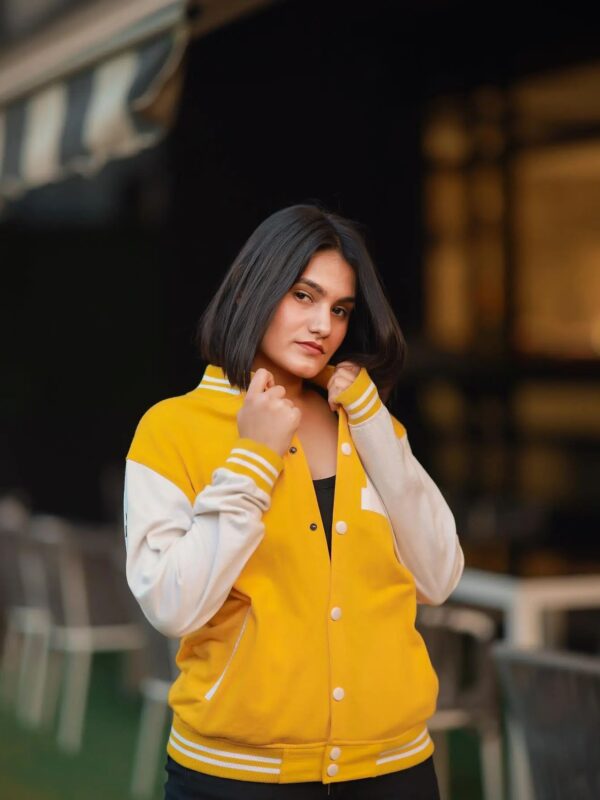 Women’s Yellow and White Varsity Jacket – Premium Comfort | Hoodzilla