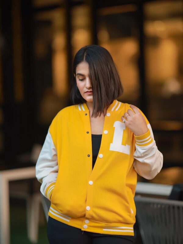 Women’s Yellow and White Varsity Jacket – Premium Comfort | Hoodzilla
